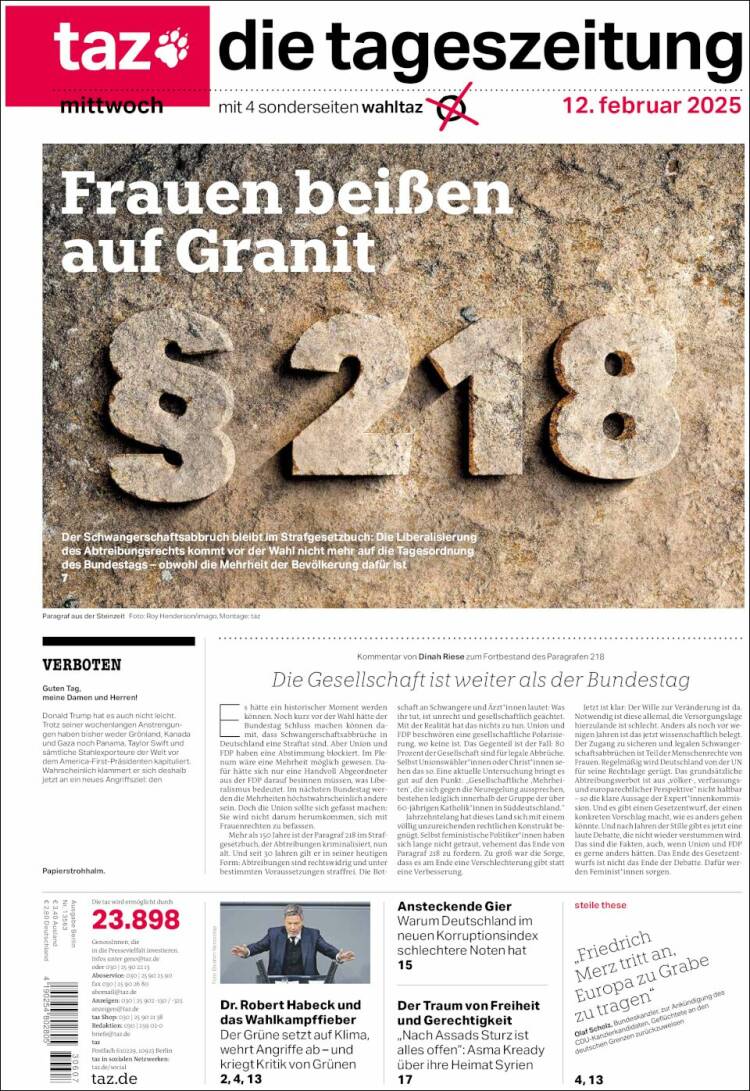 Portada de Die Tageszeitung (Allemagne)