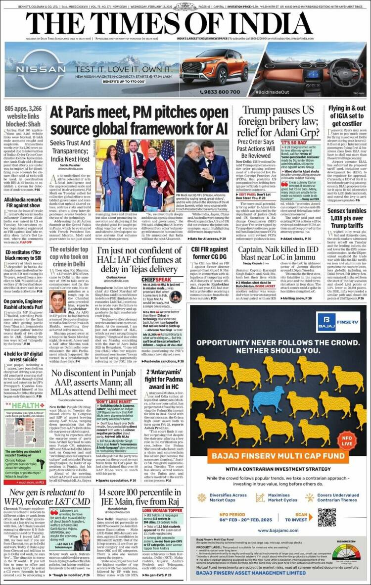 Portada de The Times of India (India)