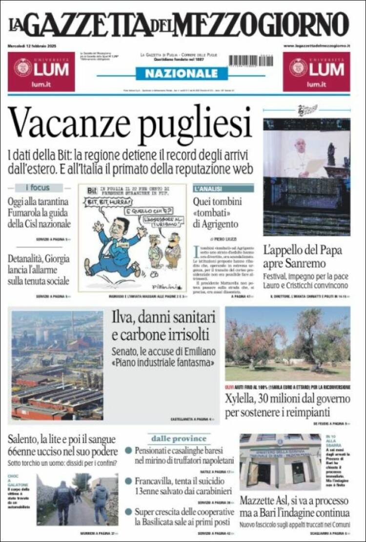 Portada de La Gazzetta del Mezzogiorno (Italie)