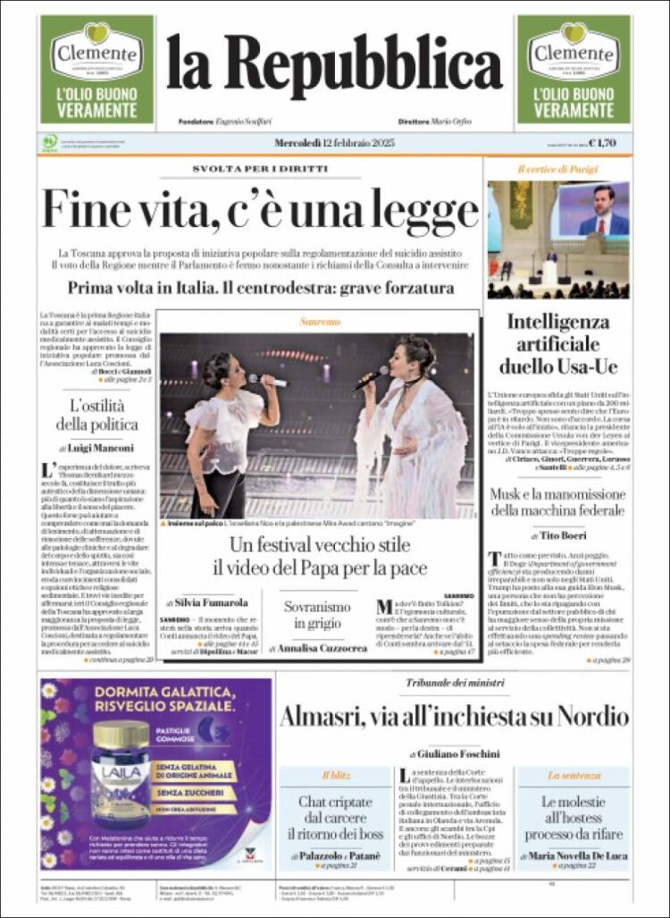 Portada de La Repubblica (Italie)