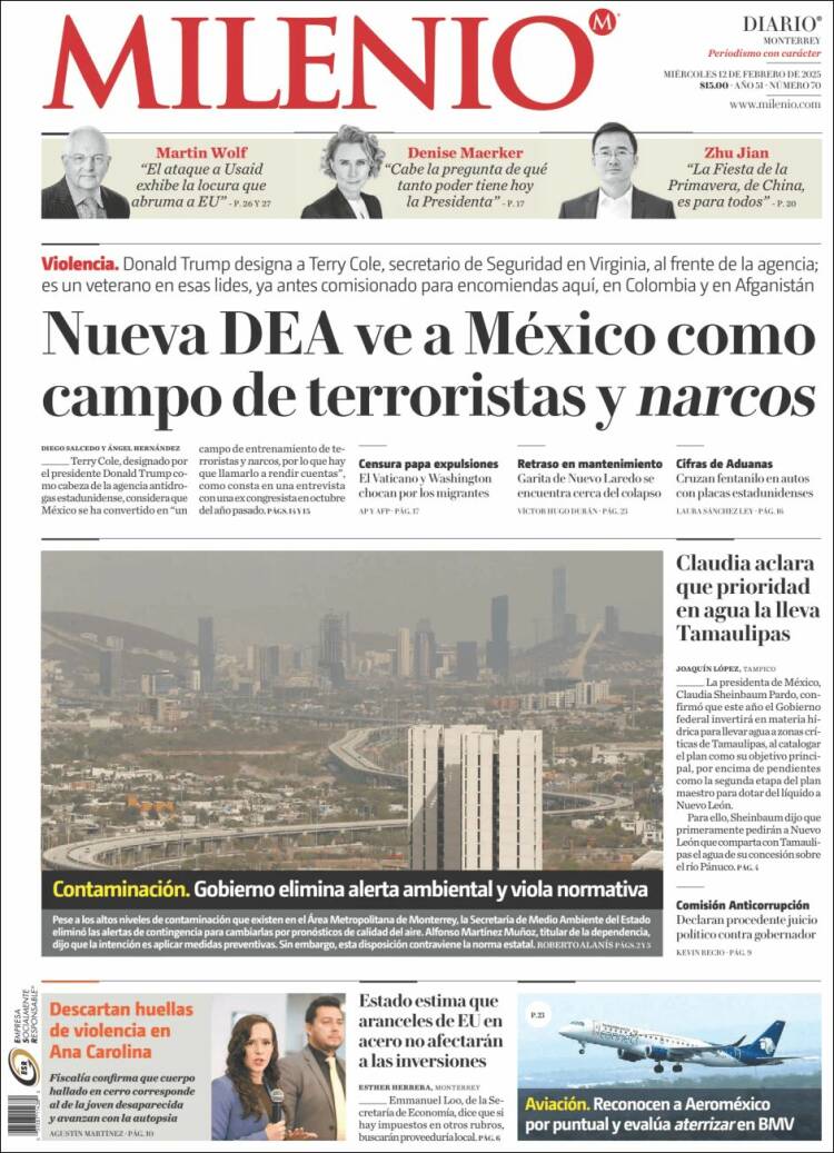 Portada de Milenio de Monterrey (México)