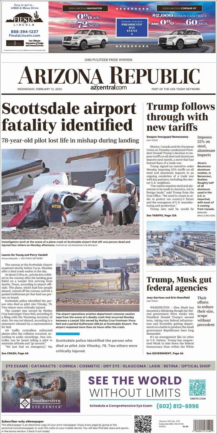 Portada de Arizona Republic News (USA)