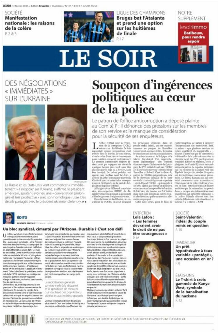 Portada de Le Soir (Belgique)