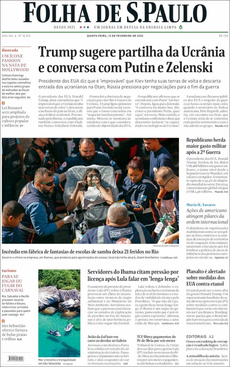 Portada de Folha de São Paulo (Brésil)