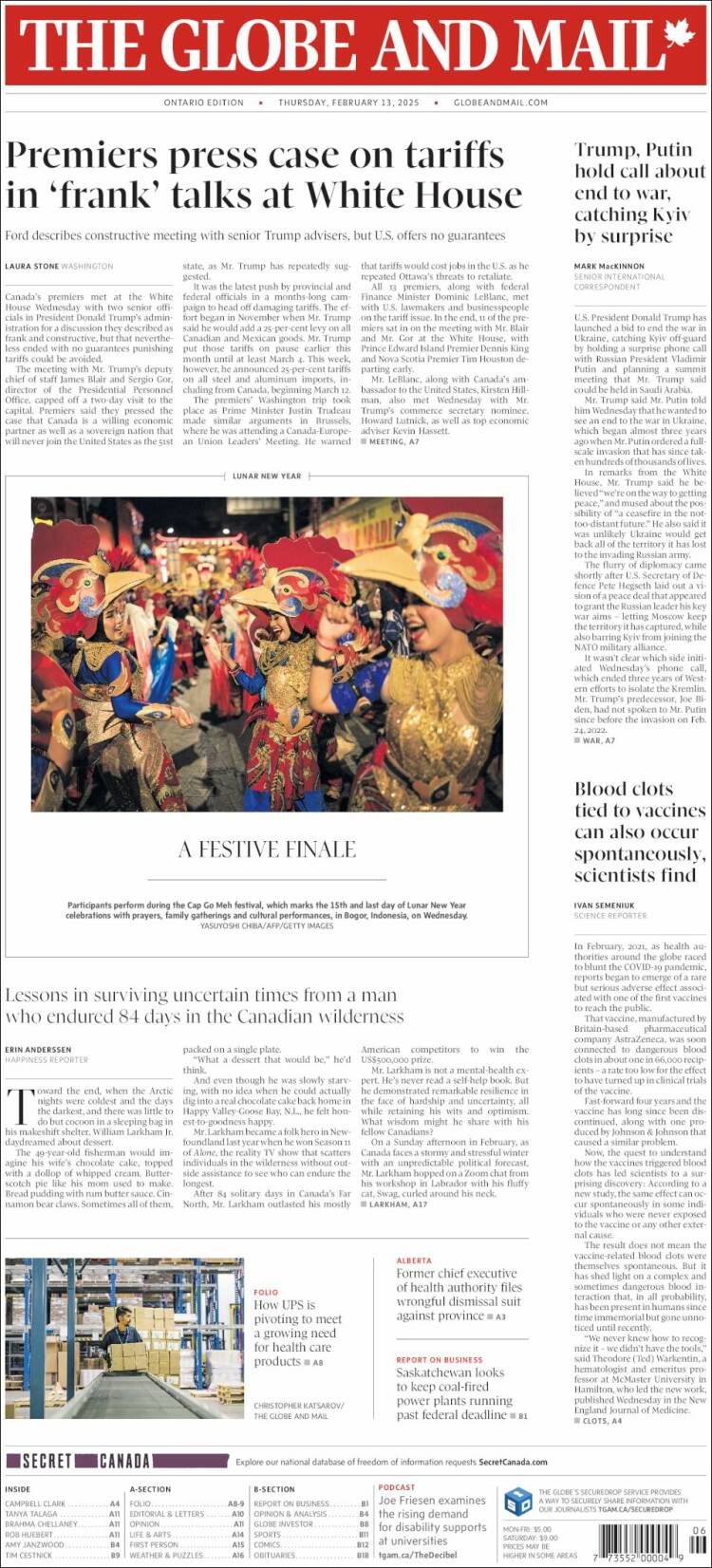 Portada de The Globe and Mail (Canadá)