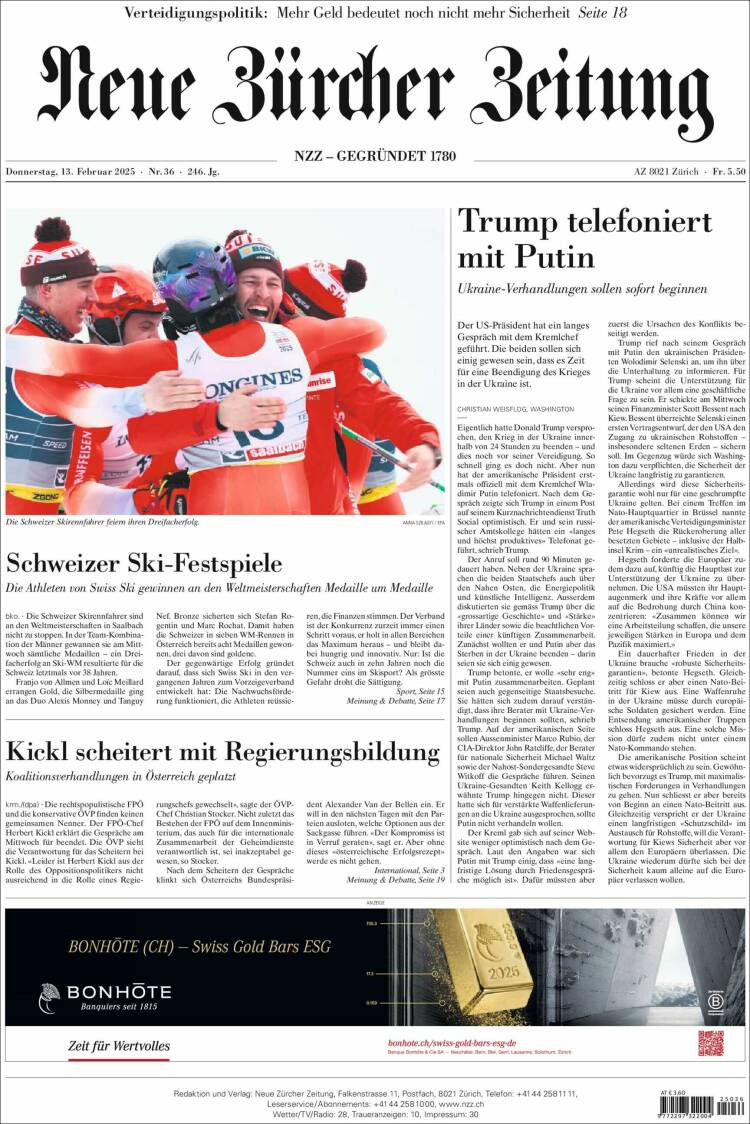 Portada de Neue Zürcher Zeitung (Suisse)