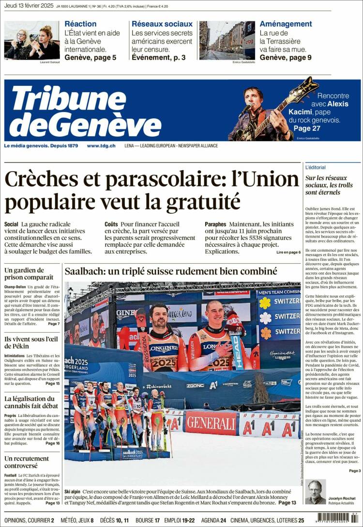 Portada de La Tribune de Genève (Suiza)