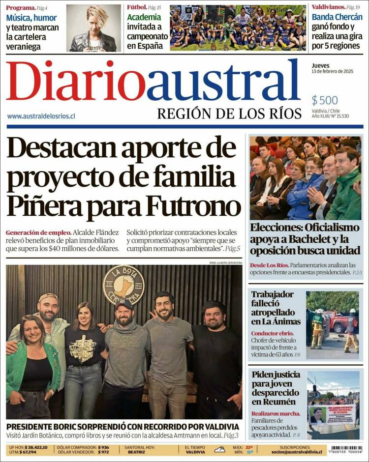 Portada de El Diario Austral de Valdivia (Chile)