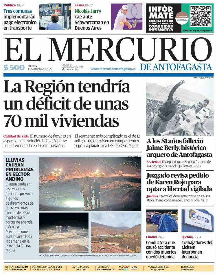 Portada de El Mercurio de Antofagasta (Chile)