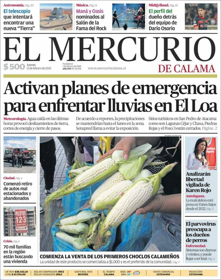 Portada de El Mercurio - Calama (Chile)