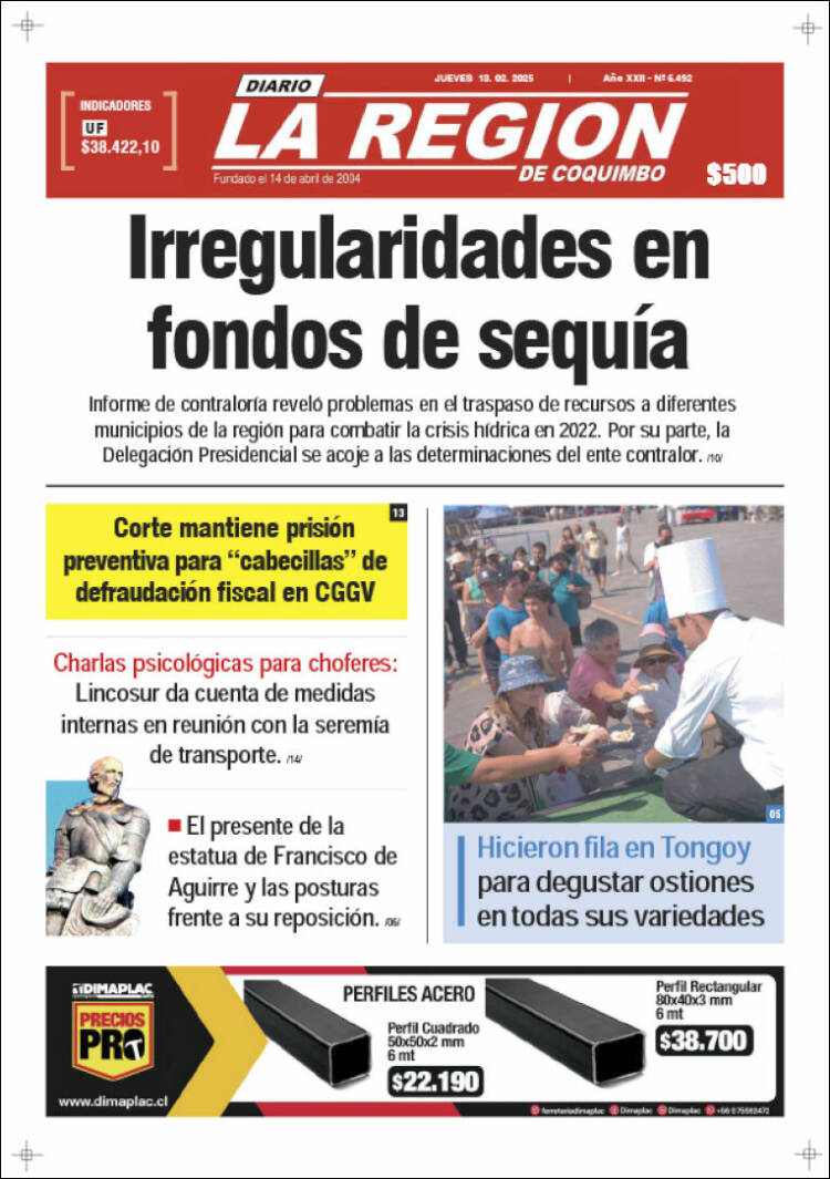 Portada de Diario La Región de Coquimbo (Chile)