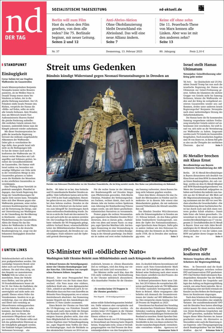 Portada de Neues Deutschland (Alemania)