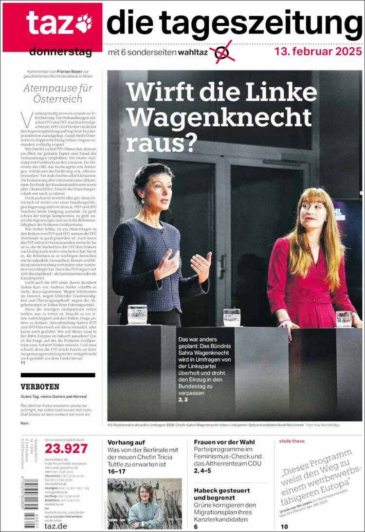 Portada de Die Tageszeitung (Allemagne)