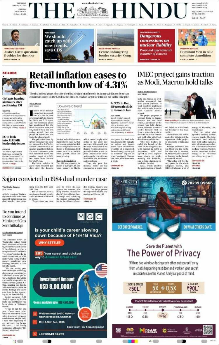 Portada de The Hindu (India)