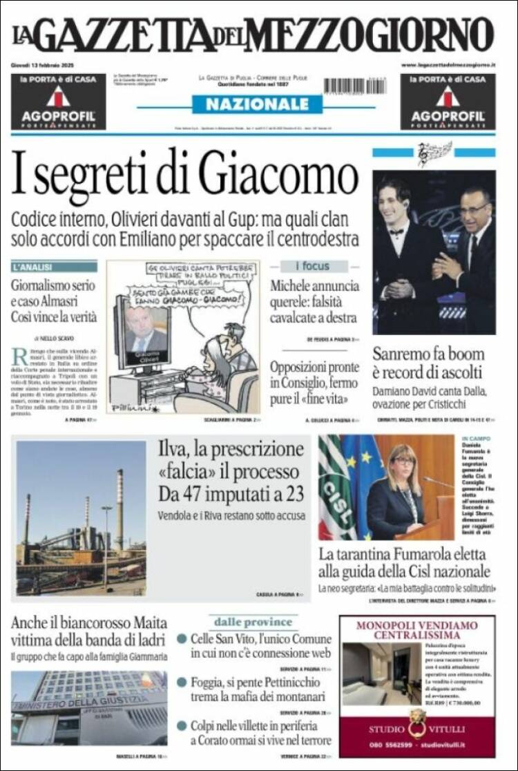 Portada de La Gazzetta del Mezzogiorno (Italie)