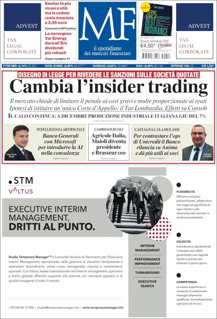 Portada de Milano Finanza (Italie)