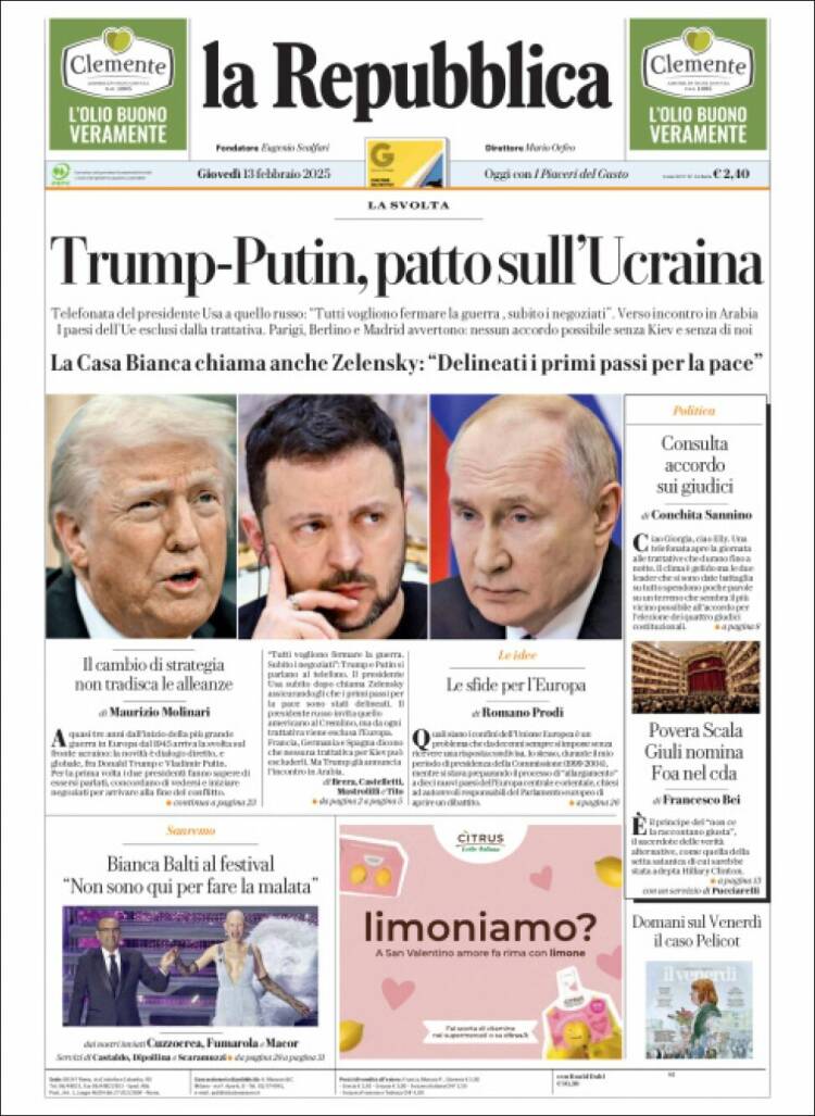 Portada de La Repubblica (Italy)