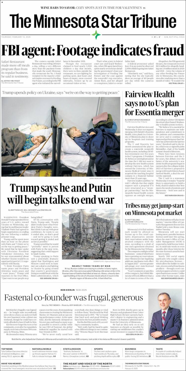 Portada de Star Tribune (États-Unis)