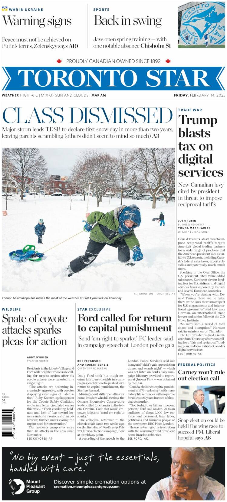 Portada de The Toronto Star (Canada)