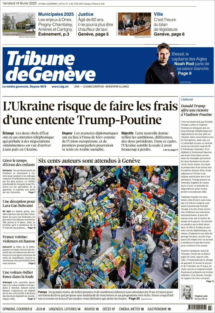 Portada de La Tribune de Genève (Suisse)