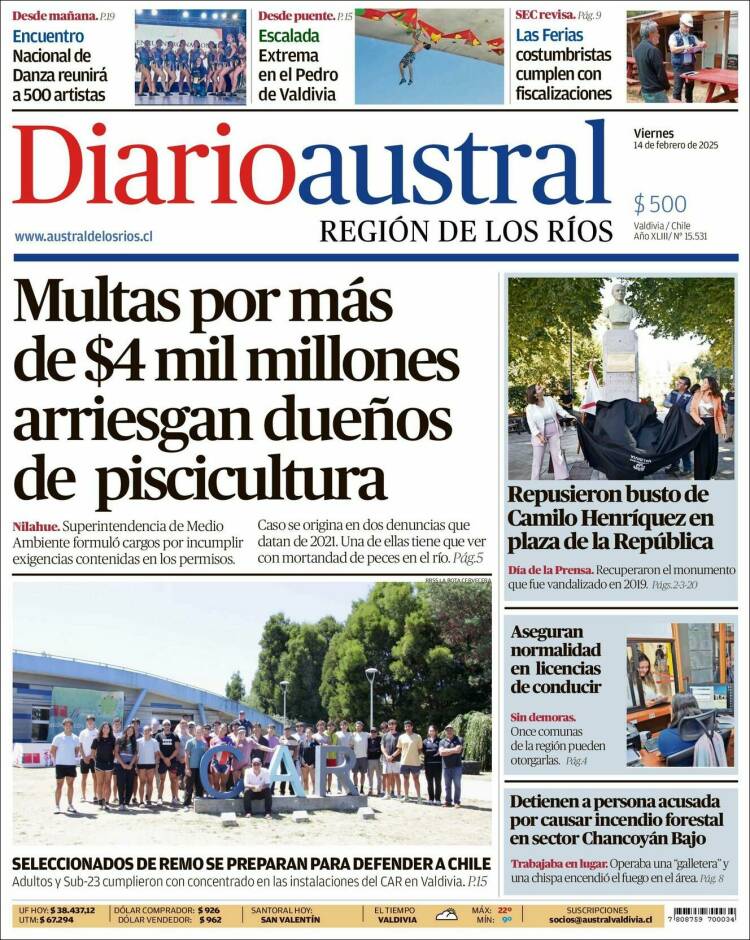 Portada de El Diario Austral de Valdivia (Chili)