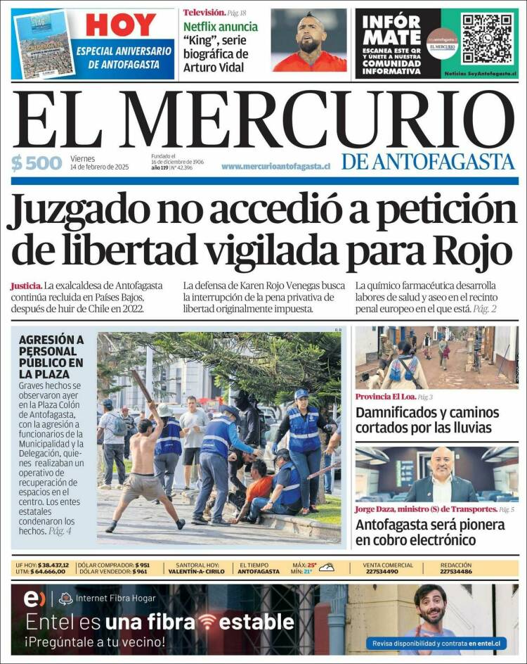 Portada de El Mercurio de Antofagasta (Chile)