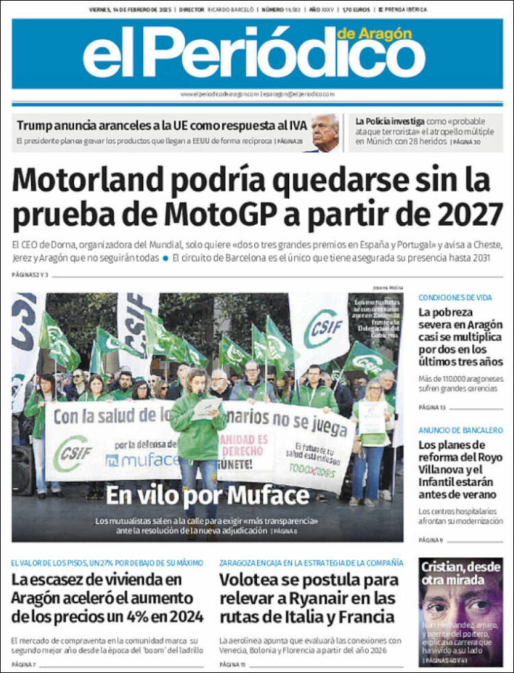 Portada de El Periódico de Aragón (España)