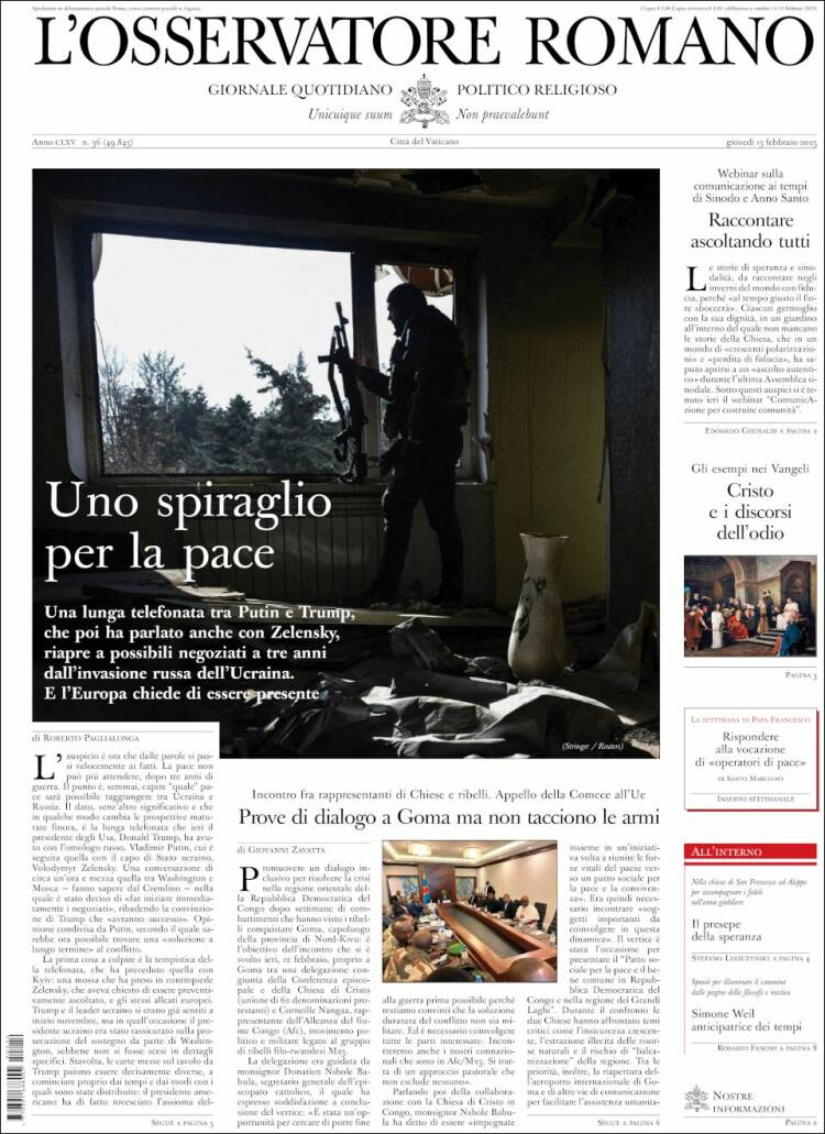 Portada de L'Osservatore Romano (Italie)