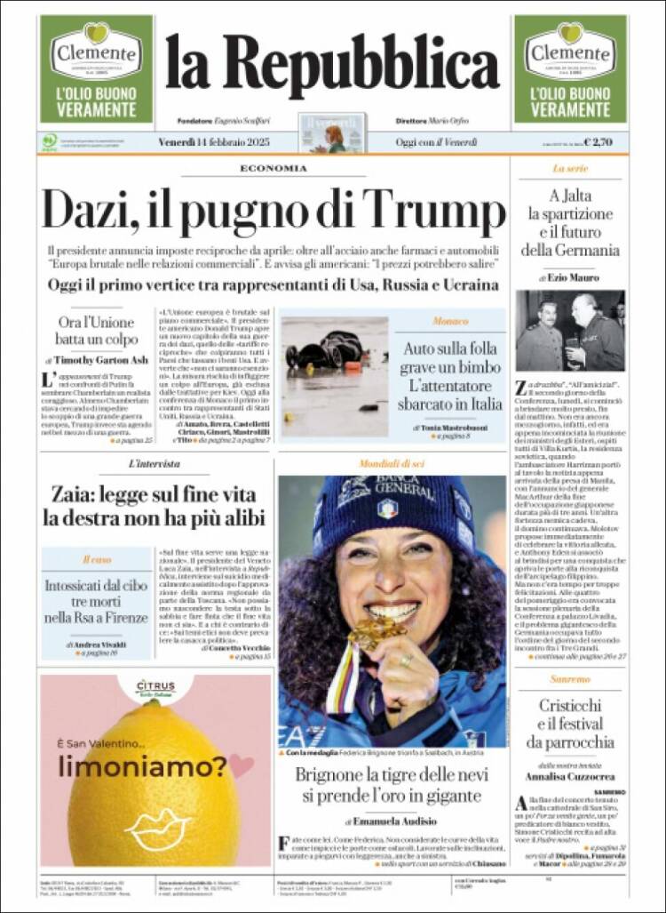 Portada de La Repubblica (Italie)