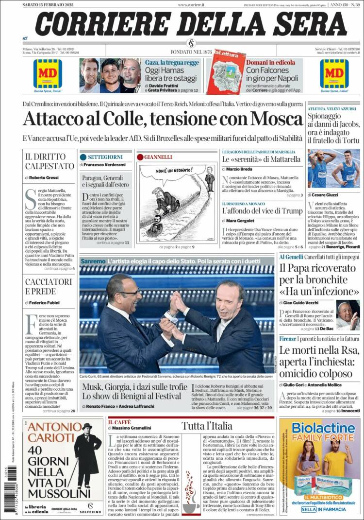 Portada de Corriere della Sera (Italia)