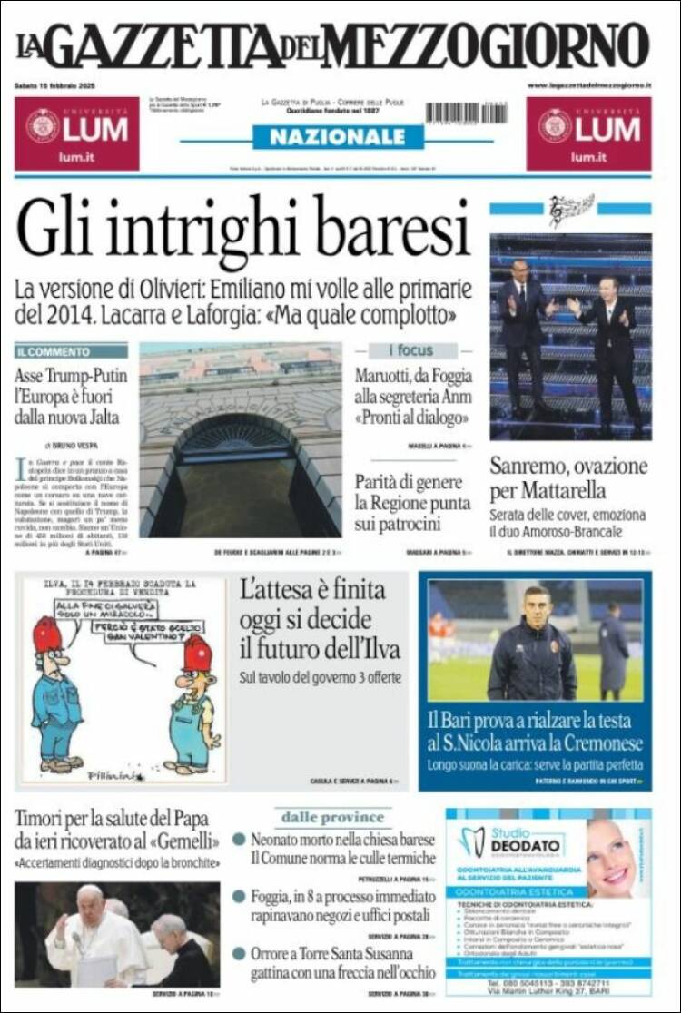 Portada de La Gazzetta del Mezzogiorno (Italia)