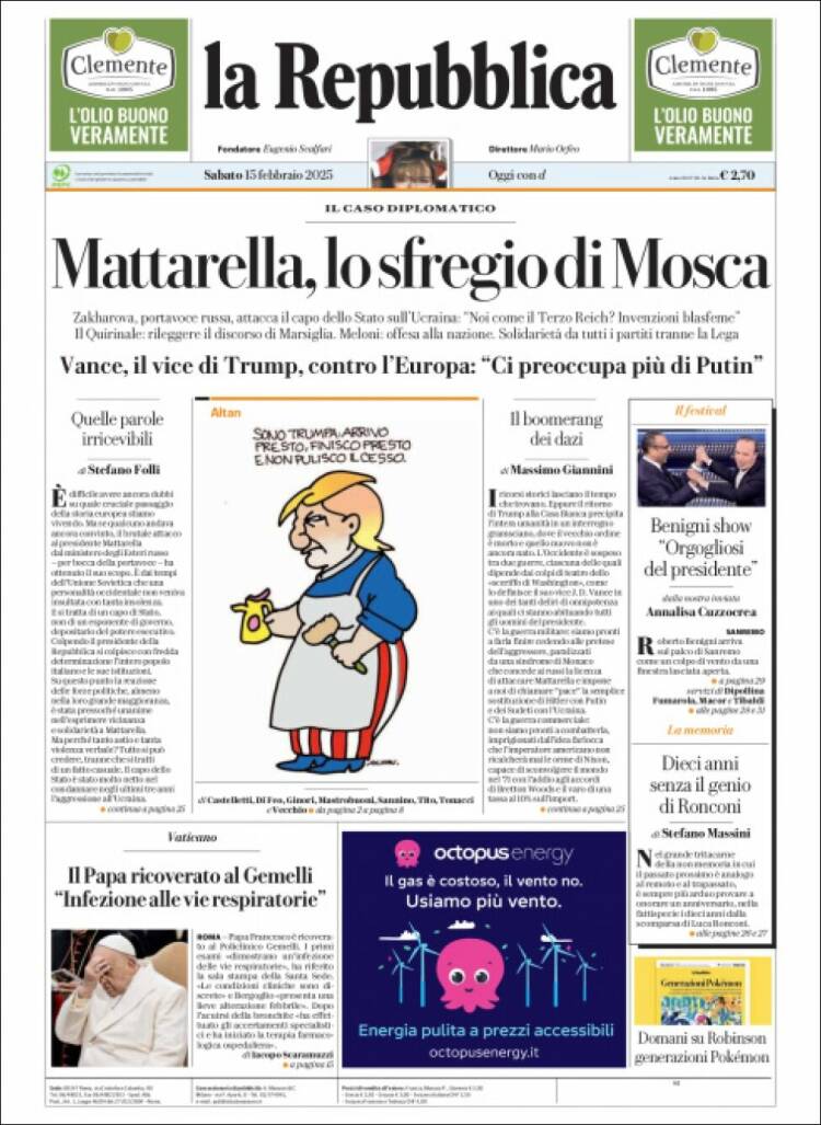 Portada de La Repubblica (Italia)