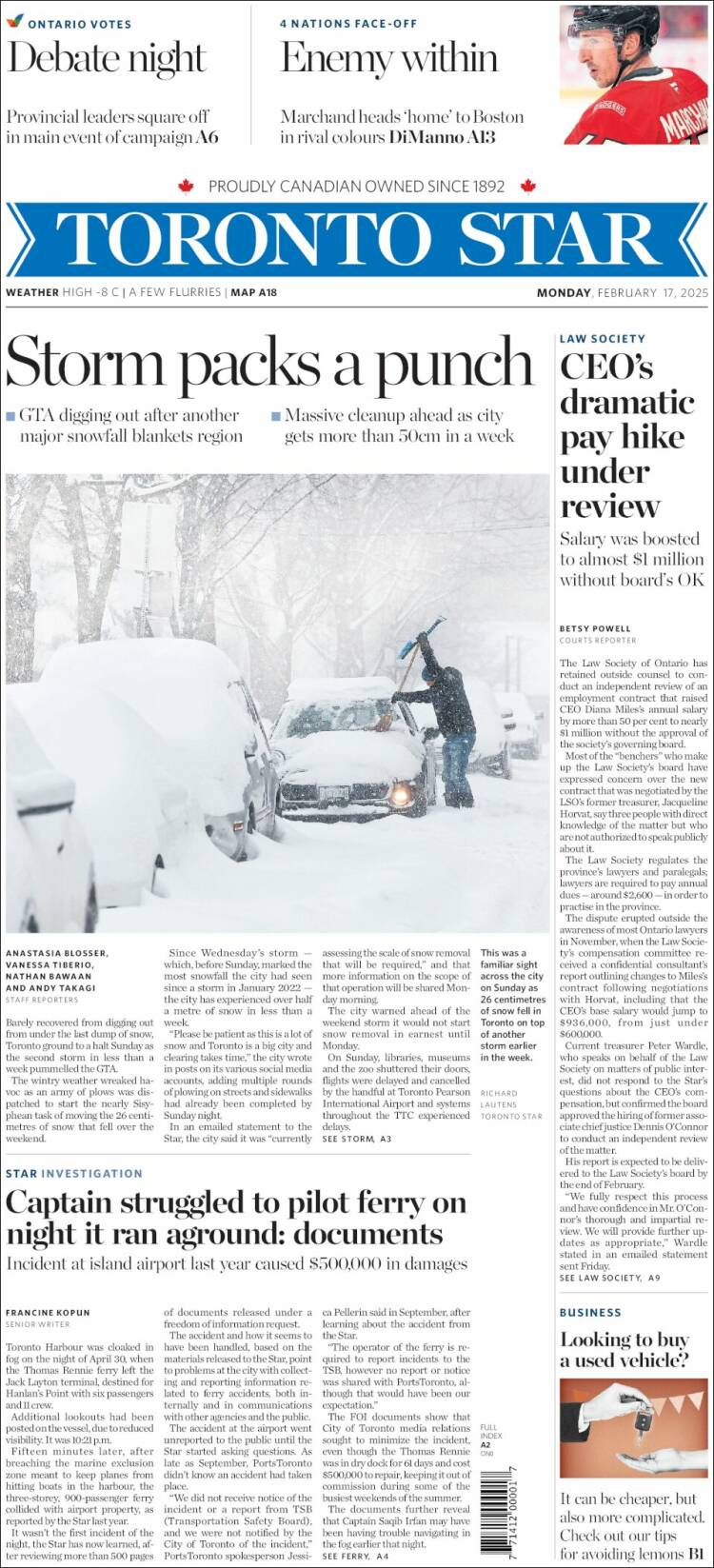 Portada de The Toronto Star (Canadá)