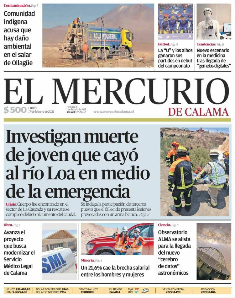 Portada de El Mercurio - Calama (Chile)