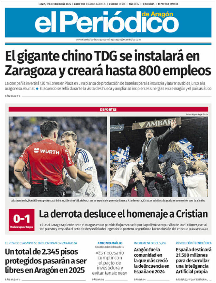 Portada de El Periódico de Aragón (España)