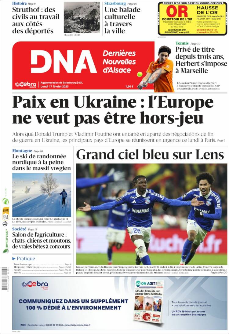 Portada de Les Dernières Nouvelles d'Alsace (Francia)