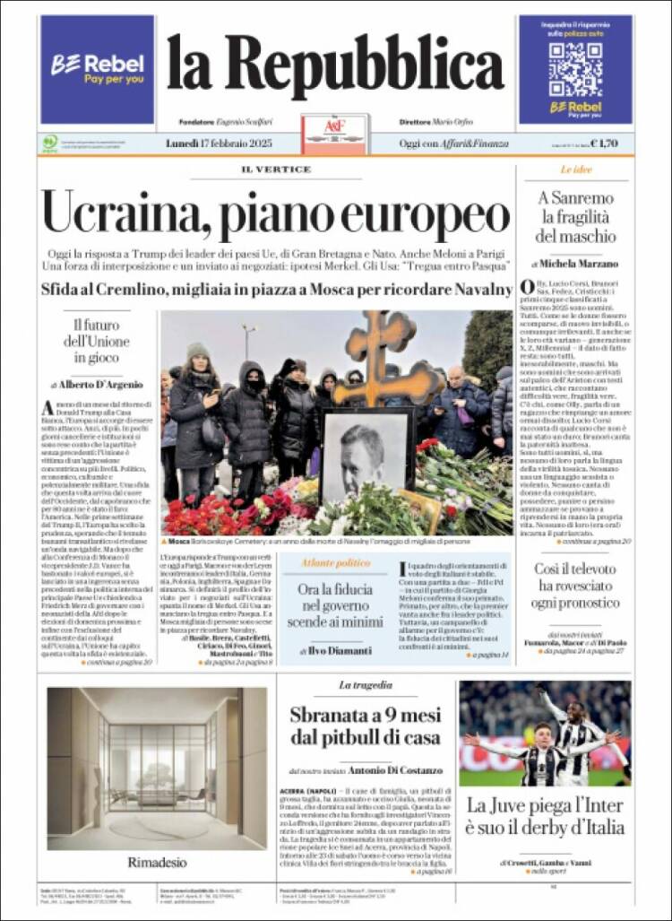 Portada de La Repubblica (Italia)