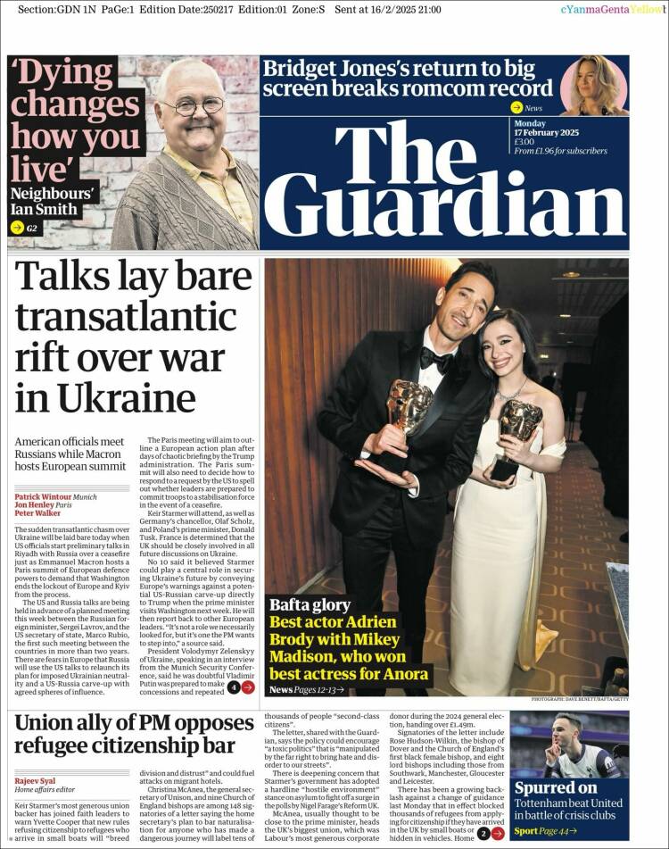 Portada de The Guardian (Reino Unido)