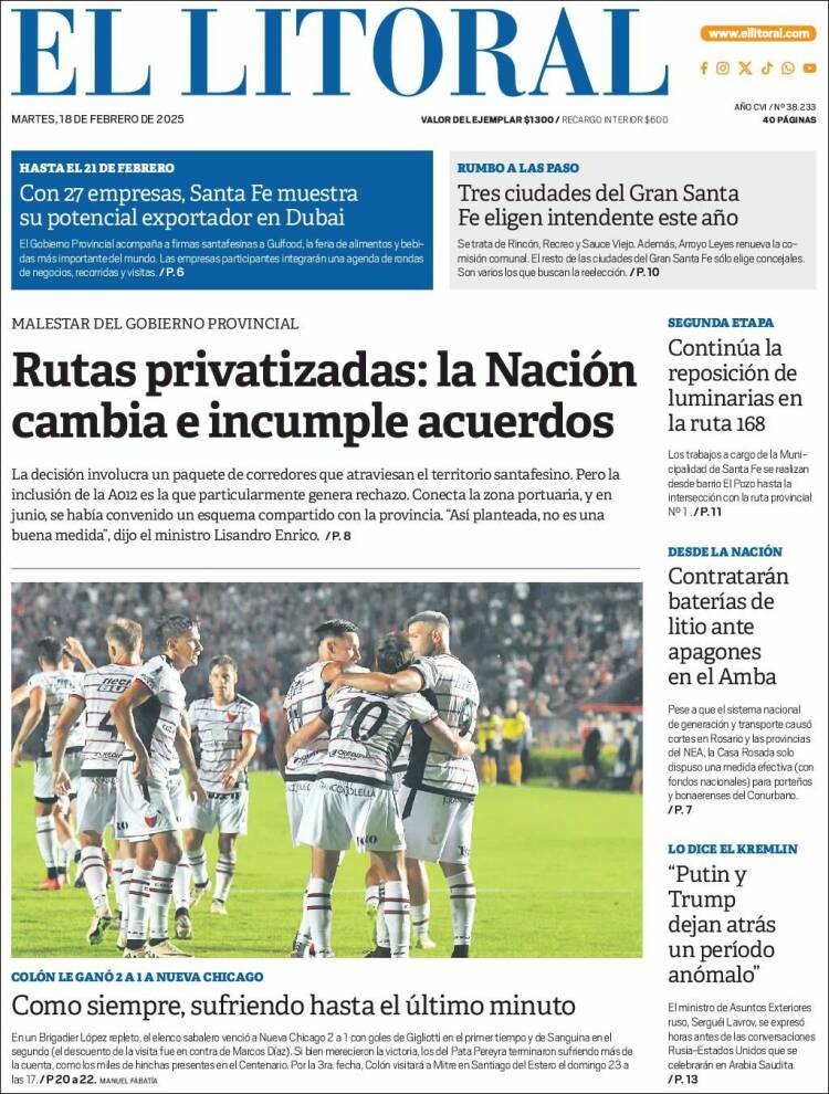 Portada de Diario El Litoral (Argentina)