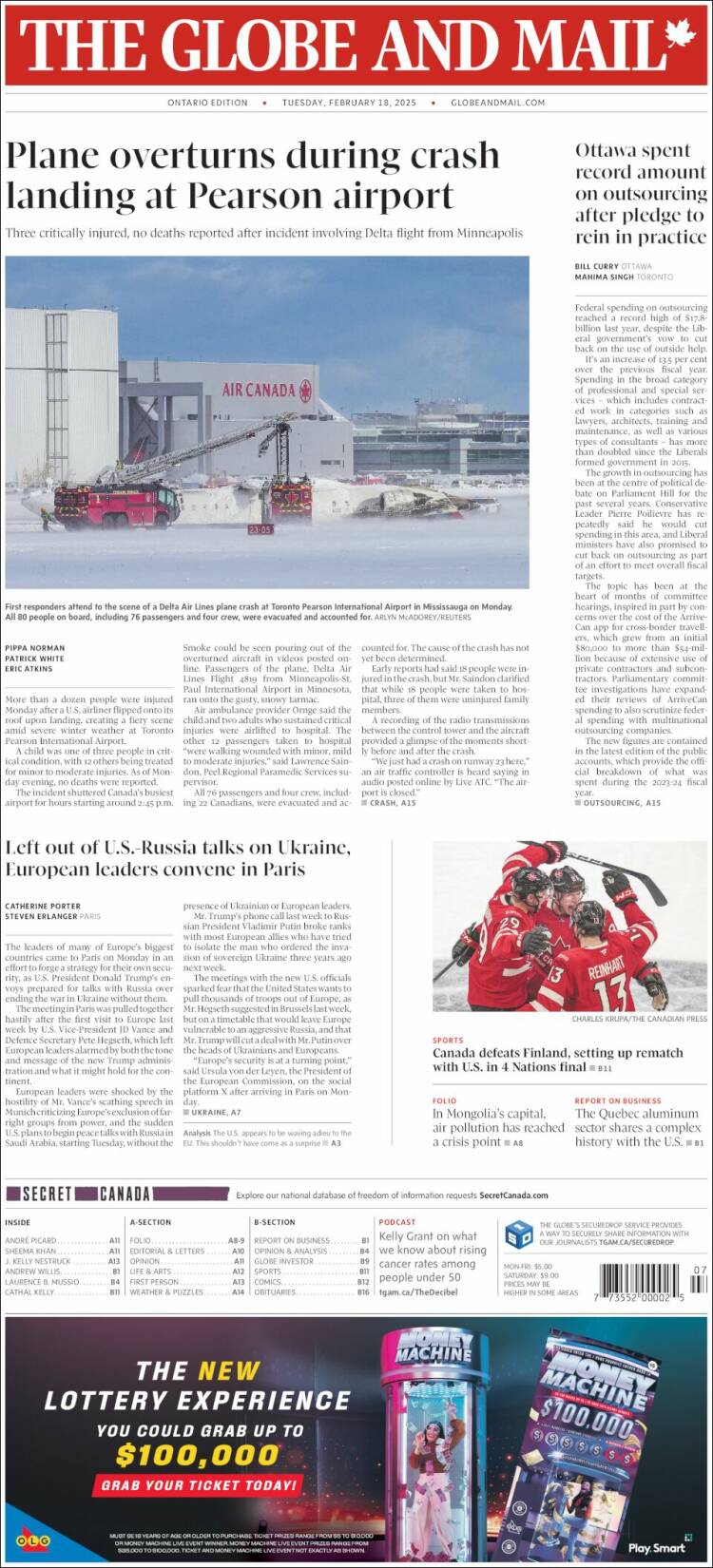 Portada de The Globe and Mail (Canadá)