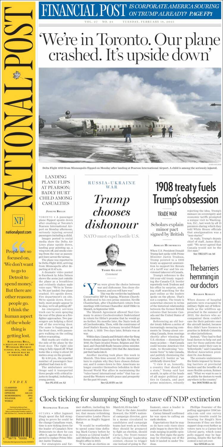 Portada de The National Post (Canada)