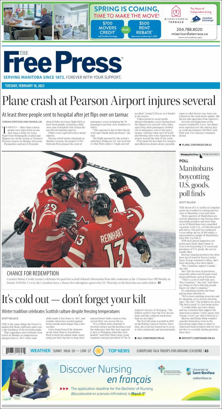 Portada de Winnipeg Free Press (Canada)