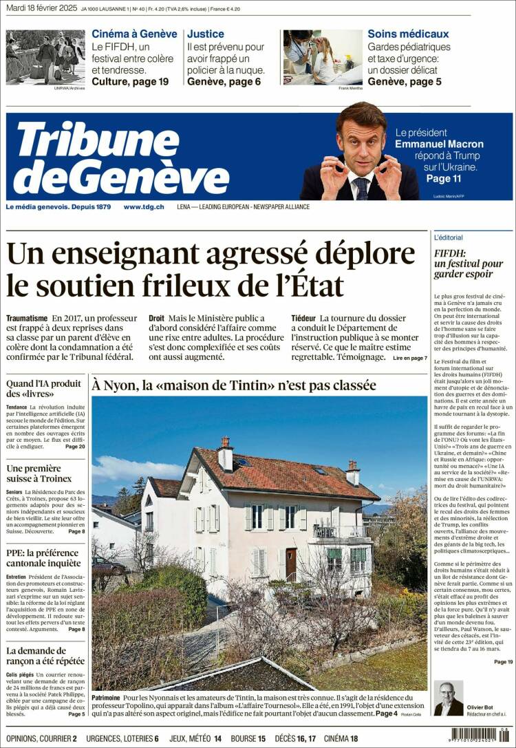 Portada de La Tribune de Genève (Suiza)