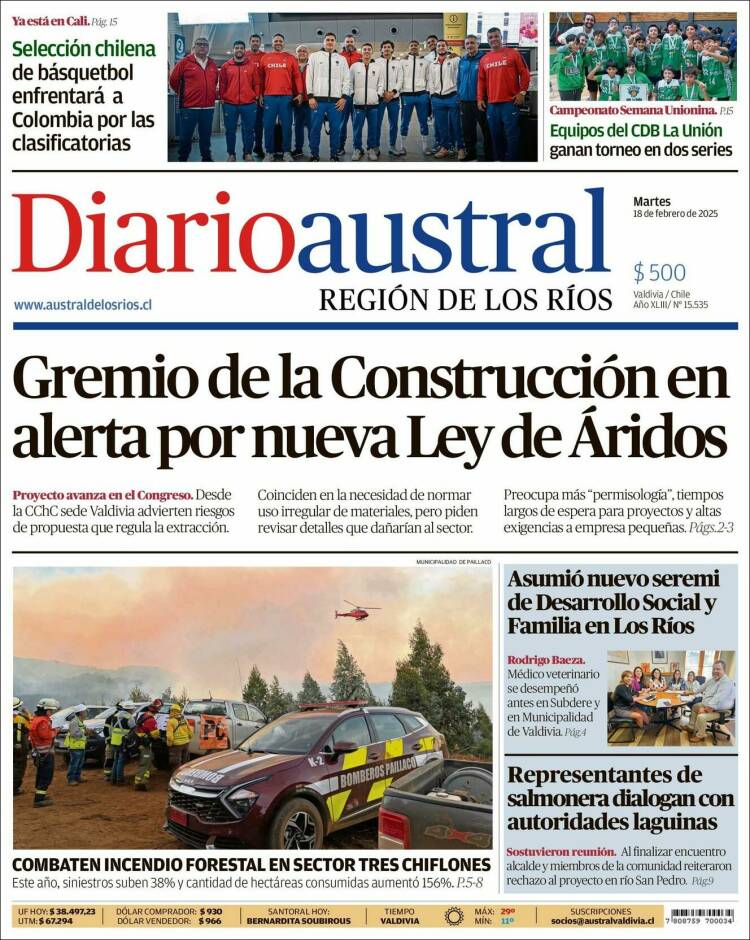 Portada de El Diario Austral de Valdivia (Chile)