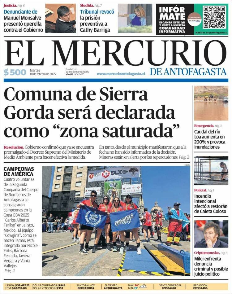 Portada de El Mercurio de Antofagasta (Chile)