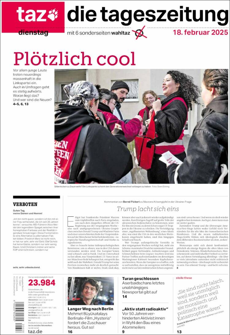 Portada de Die Tageszeitung (Alemania)