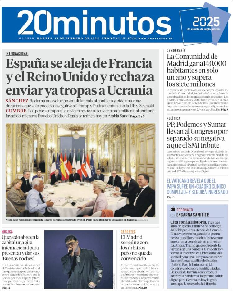 Portada de 20 Minutos - Madrid (Spain)