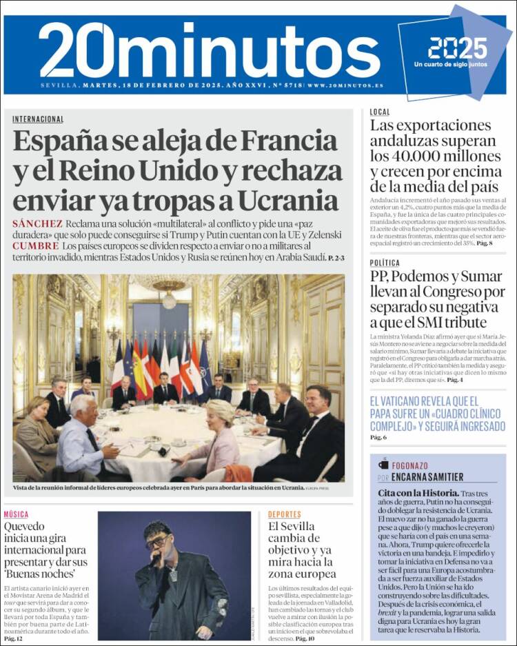 Portada de 20 Minutos - Sevilla (España)