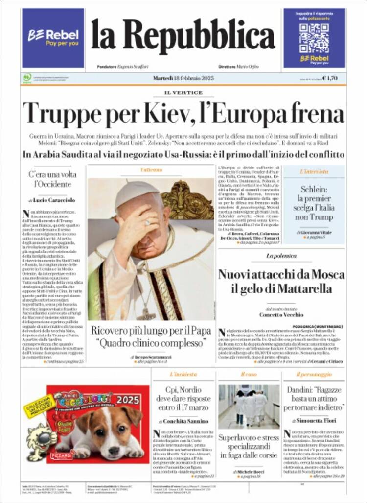 Portada de La Repubblica (Italia)