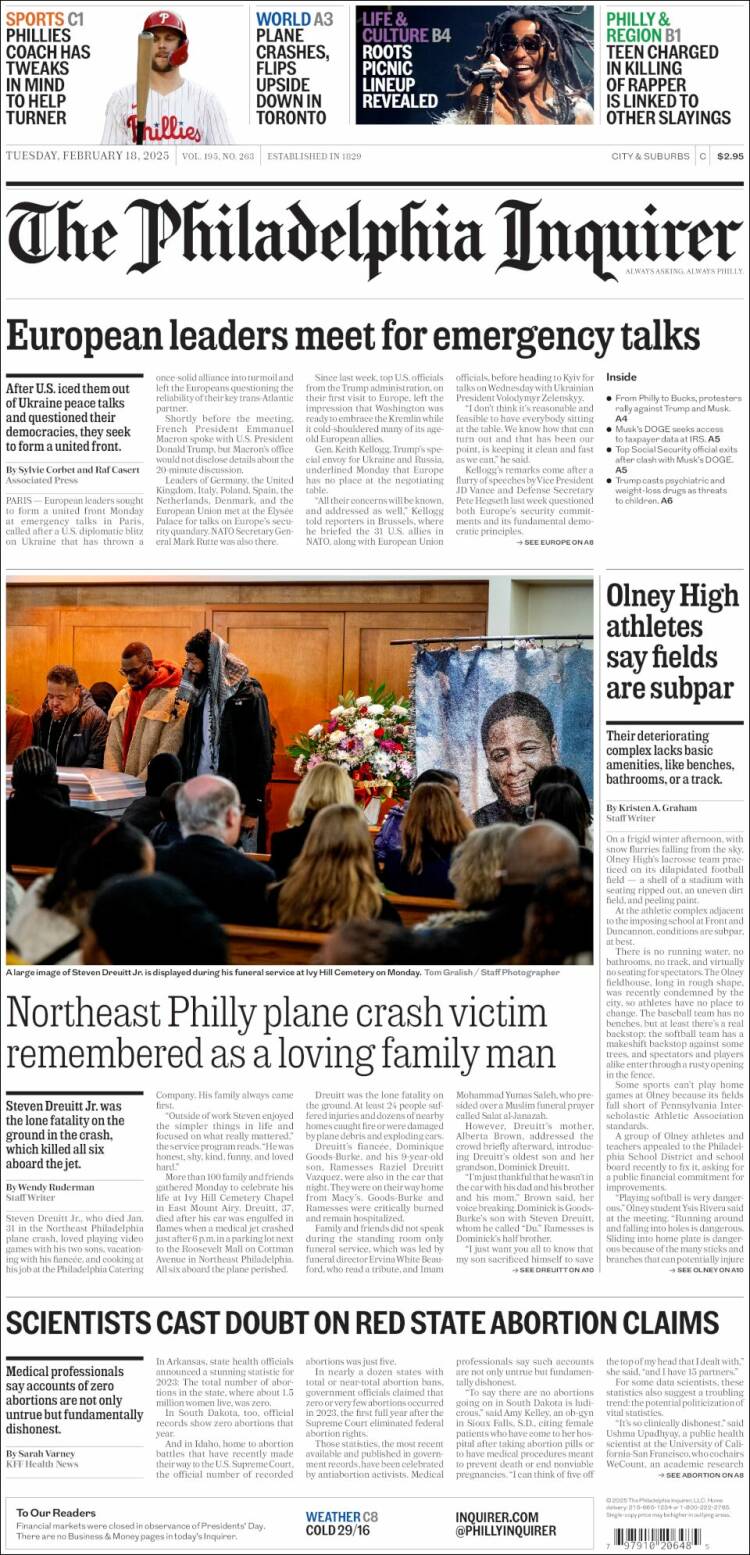 Portada de Philadelphia Inquirer (USA)